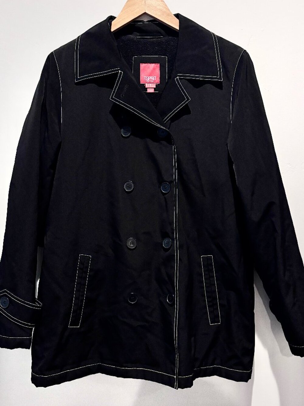 Vintage Esprit 90s Y2K Black Double Breasted White Contrast Stitch Raincoat M